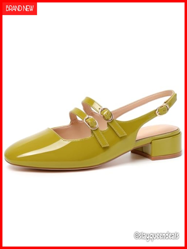 Double Strap Slingback Mary Jane Block Heel Pumps Faux Leather